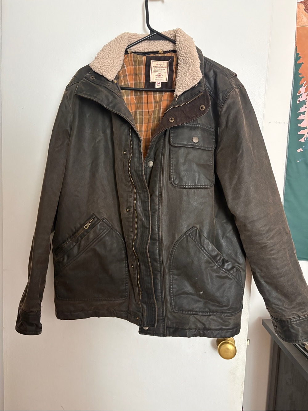 Fat Face Dark Brown Leather Field Jacket with Sherpa Collar